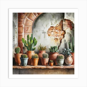 Watercolor painting of an old, weathered wall with cracked stone and peeling paint. The background features various sizes and shapes of terracotta pots on the shelf below. Each pot is filled with vibrant cacti or succulents, 5 Art Print