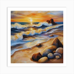 The sea. Beach waves. Beach sand and rocks. Sunset over the sea. Oil on canvas artwork.36 Art Print