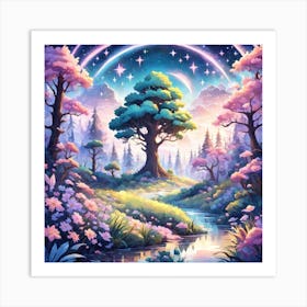 A Fantasy Forest With Twinkling Stars In Pastel Tone Square Composition 336 Art Print