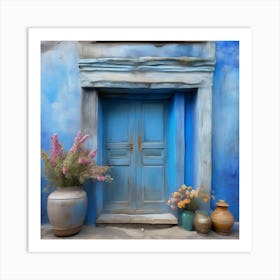 Blue wall. An old-style door in the middle, silver in color. There is a large pottery jar next to the door. There are flowers in the jar Spring oil colors. Wall painting.12 Art Print