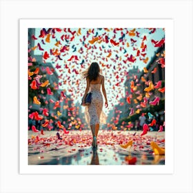 Girl Walking Through Colorful Shoes Art Print