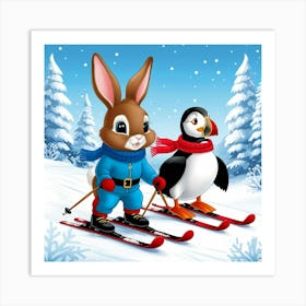 Rabbit And Penguin On Skis Art Print