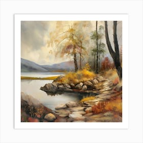 Autumn Lake,Forest Lake, Vintage Oil Painting, Farmhouse Wall Decorations, Antique Landscape, Vintage Landscape Oil Painting.2 5 Art Print