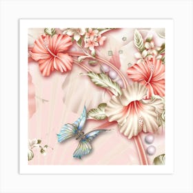 Glory Floral Exotic Butterfly Exquisite Fancy Pink Flowers Art Print