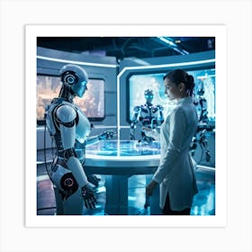 Futuristic Ai Center Holographic Interfaces Connecting With Sleek Humanoid Robots Humans In Advanc (2) Art Print