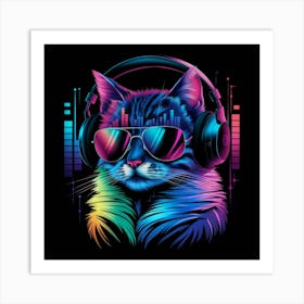 Cat With Headphones Art Print