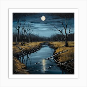 Moonlight Over The Creek Art Print