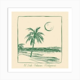 El Nido, Palawan, Philippines Green Line Art Illustration Art Print