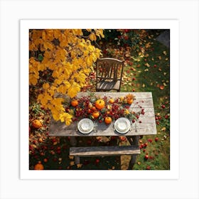 A Rustic Wooden Table Sun Dappled Bedecked By Autumns Bounty In A Traditional Country Garden Top (5) Art Print