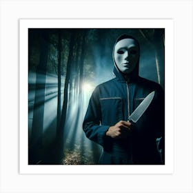 Man Holding Knife In The Woods Art Print