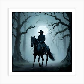 A Solitary Horseman Rides A Majestic Black Stallion Through A Misty, Moonlit Forrest 3 Art Print