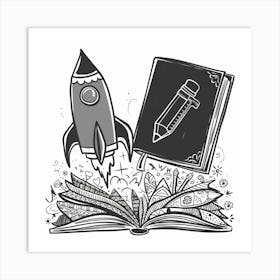 Illustration Of A Book And Rocket Art Print