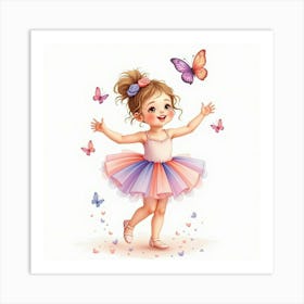 Baby Girl Wearing A Pastel Tutu Dancing With Butterflies In Watercolor Art Print