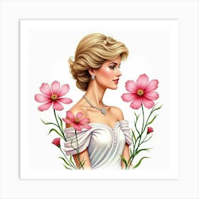 Elegant Watercolor Depiction Of Princess Diana With Blooming Cosmos 1 Art Print