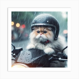 Cat Riding Motorcycle In Rain Art Print