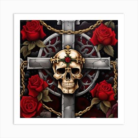 Skull And Cross With Roses Art Print