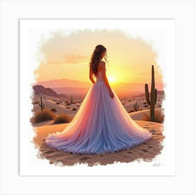 Gorgeous Gown Watercolor, With A Serene Desert Sunset View 1 Art Print