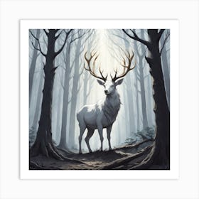 A White Stag In A Fog Forest In Minimalist Style Square Composition 47 Art Print