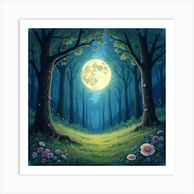 Fairy Ring In A Moonlit Forest, Watercolor 1 Art Print