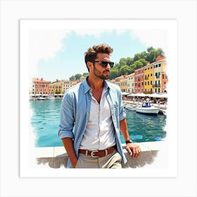 Stylish Italian Man In Watercolor, Enjoying A Day At A Classic Mediterranean Harbor Art Print