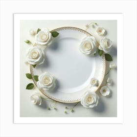 White Roses On A Plate Art Print