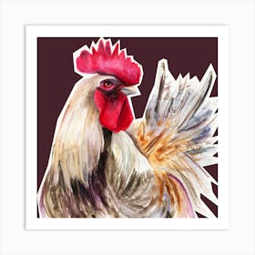 Rooster cock bird farm farmcore watercolor hand painted painting art square living room kitchen Art Print