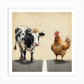 Cow And Chicken On The Road Art Print