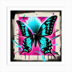 A Flashy Butterfly With A Neon Mohawk, Inspired By The Street Art Of Banksy, With A Bold Black And Neon Color Scheme, Where The Butterfly Is In Focus And The Background Is Blurred Into Neon Shapes, Framed With Abstract Brush Strokes (1) Art Print