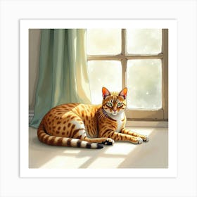 A Serene Egyptian Mau Cat Lounging With Its Owner In A Sunlit Room, Watercolor 1 Art Print