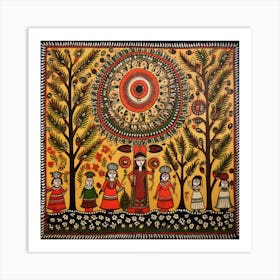 Madhubani Painting Indian Traditional Style Oil On Canvas, Brown Color Art Print