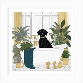 gold line drawing of a black dog in a bathtub, houseplants, botanical, jewel tones Art Print