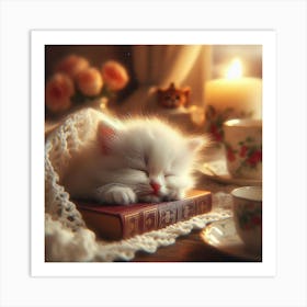 Little Kitten Sleeping On A Book Art Print