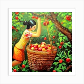 Asian Woman Picking Apples Art Print