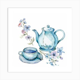 Blue Watercolor Tea Pot And Tea Cup With Flowers Art Print