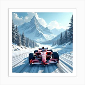 Formula Car Speeding Through A Mountain Pass With Towering Snowy Peaks 1 Art Print