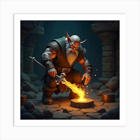 Dwarven Blacksmith Forging A Glowing Enchanted Weapon Art Print