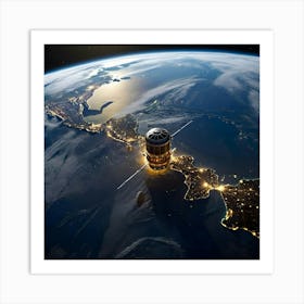 Satellite Orbiting Earth At Night Art Print