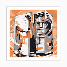 A Silhouette Of A Fridge Wearing A Black Hat And Laying On Her Back On A Orange Screen, In The Style (1) Art Print