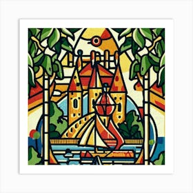 Image of medieval stained glass windows of a sunset at sea 12 Art Print