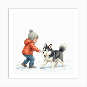 Watercolor Scene Of A Child And A Siberian Husky Playing In The Snow Art Print