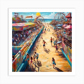 Beachgoers En Route To The Rollercoaster Thrills Art Print