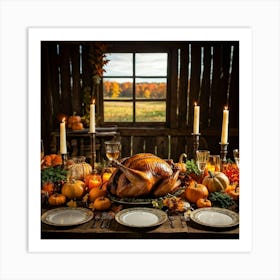 Autumn Feast Featuring Roasted Turkey Garnished With Fresh Herbs Surrounded By Carved Pumpkins Din (6) Art Print