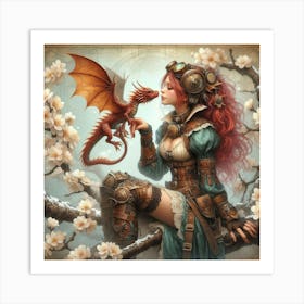 Steampunk Girl With Dragon 3 Art Print