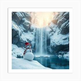 Snowman In Front Of Waterfall 1 Art Print