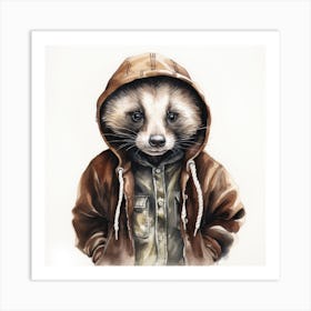 Watercolour Cartoon Badger In A Hoodie 3 Art Print