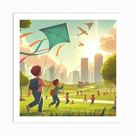 A Child Flying A Kite In A Park With Other Kids Playing In The Background 3 Art Print