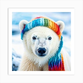 Polar Bear Cub In Brightly Colored Handcrafted Knit Cap And Scarf Contrasts With Its Fluffy White F Art Print