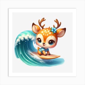 Cute Deer Surfing Art Print