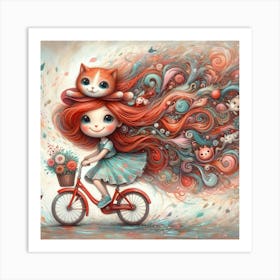Girl Riding A Bike With Cats Art Print