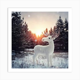 Firefly Scandinavian, Art, Illustration, Serene, Winter, Forest, Baby, Moose, Snowy, Clearing, Antle Art Print